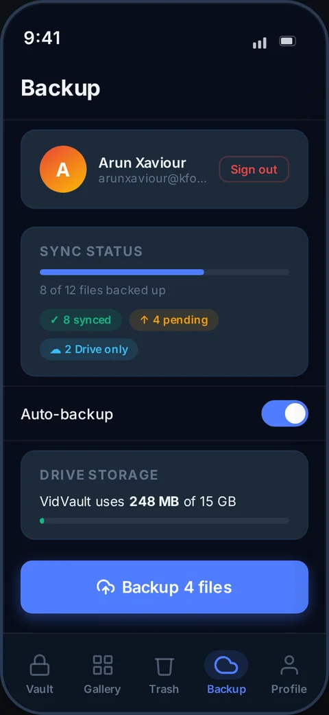 PixValt Google Drive backup status