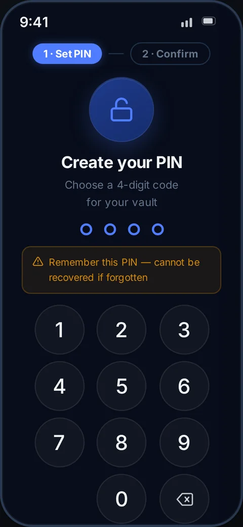PixValt PIN setup screen
