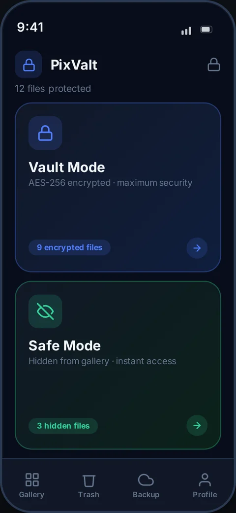 PixValt Safe Mode — files hidden from the gallery
