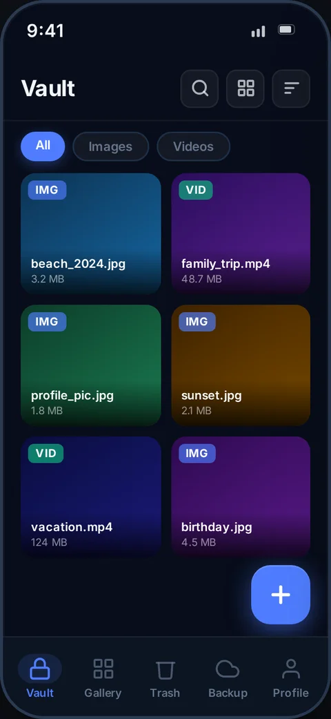 PixValt vault grid — encrypted photos and videos